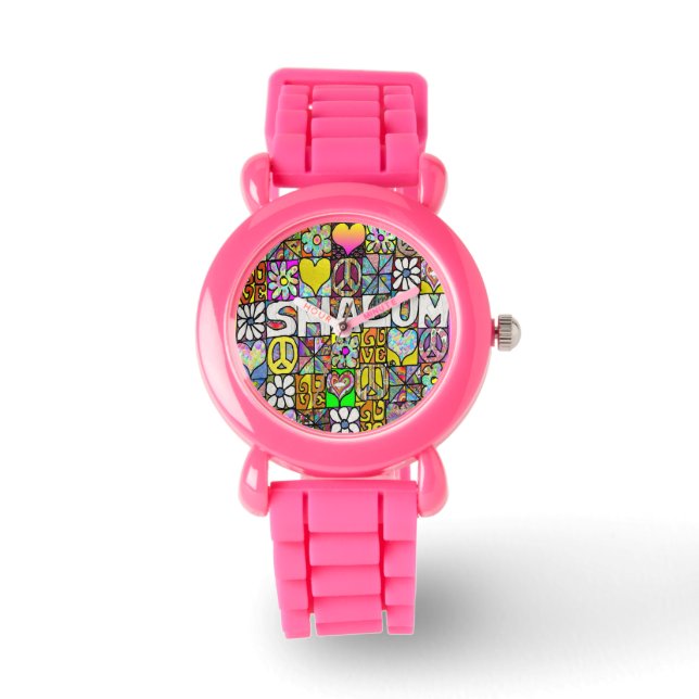 Judaica Retro 60s Psychedelic Shalom LOVE Horloge (Voorkant)