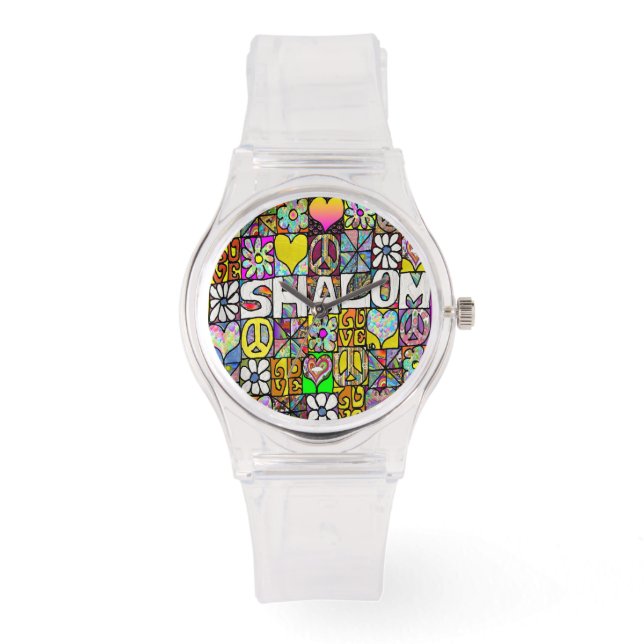 Judaica Retro 60s Psychedelic Shalom LOVE Horloge (Voorkant)