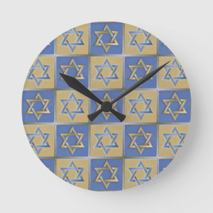 Judaica Star van David Metal Gold Blue Ronde Klok