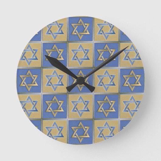 Judaica Star van David Metal Gold Blue Ronde Klok (Voorkant)