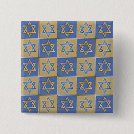 Judaica Star van David Metal Gold Blue Vierkante Button 5,1 Cm (Voorkant)