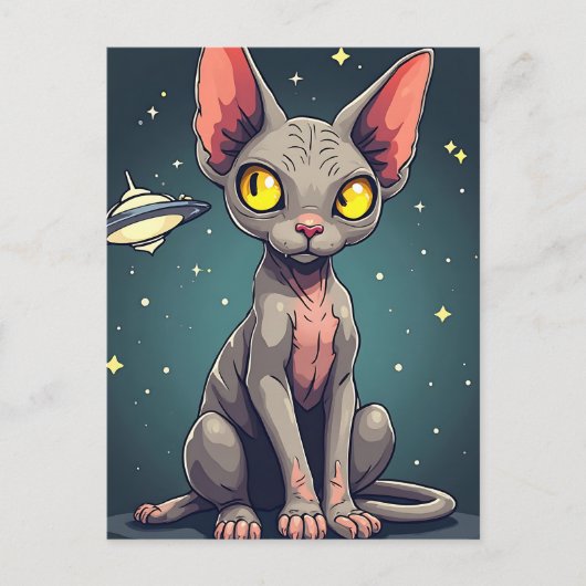 Judging Sphynx Cat UFO Space Cartoon Art Briefkaart (Voorkant)