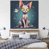 Judging Sphynx Cat UFO Space Cartoon Art Canvas Afdruk (Insitu (Slaapkamer))