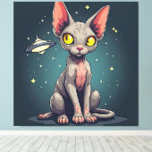Judging Sphynx Cat UFO Space Cartoon Art Canvas Afdruk (Insitu (Houten vloer))