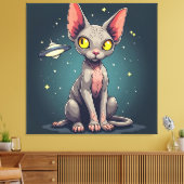 Judging Sphynx Cat UFO Space Cartoon Art Canvas Afdruk (Insitu (Woonkamer))