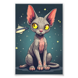 Judging Sphynx Cat UFO Space Cartoon Art Foto Afdruk