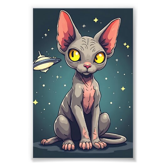 Judging Sphynx Cat UFO Space Cartoon Art Foto Afdruk (Voorkant)