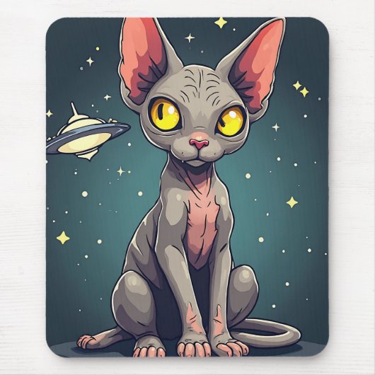 Judging Sphynx Cat UFO Space Cartoon Art Muismat (Voorkant)