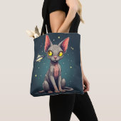 Judging Sphynx Cat UFO Space Cartoon Art Tote Bag (Dichtbij)