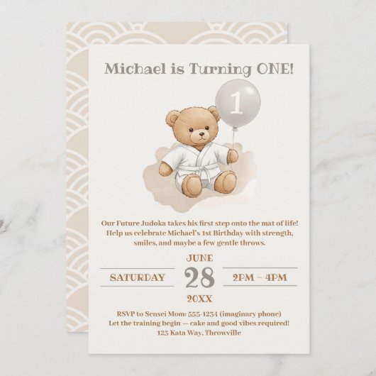 "Judo Bear’s First Belt" – 1st Birthday White Belt Kaart (Voorkant / Achterkant)