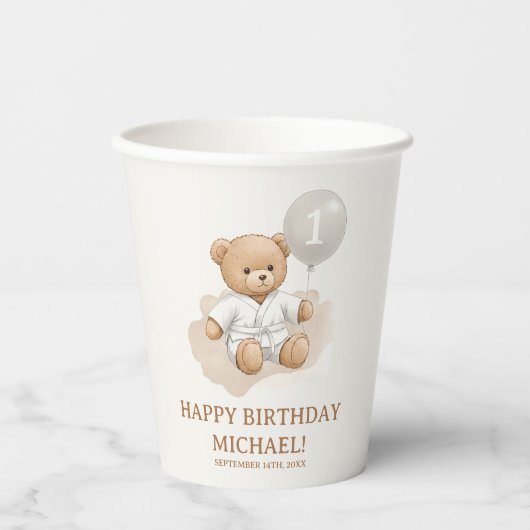 "Judo Bear’s First Belt" – 1st Birthday White Papieren Bekers (Voorkant)