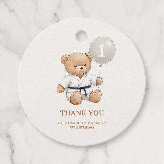 Judo Bear Turns One" – 1st Birthday 【Black-belt】 Bedankjes Labels (Voorkant)