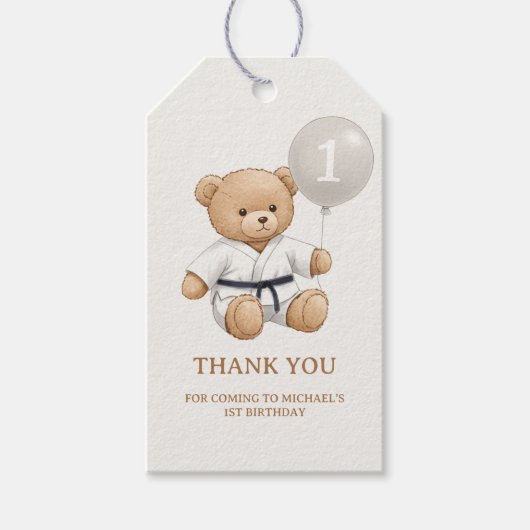 Judo Bear Turns One" – 1st Birthday 【Black-belt】 Cadeaulabel (Voorkant)