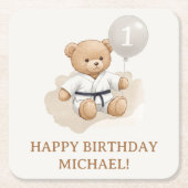 Judo Bear Turns One" – 1st Birthday 【Black-belt】 Kartonnen Onderzetters (Voorkant)