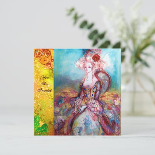 JUFFROUW POMPADOUR , Chique goudkleurig verkleedfe Kaart (Staand voorkant)