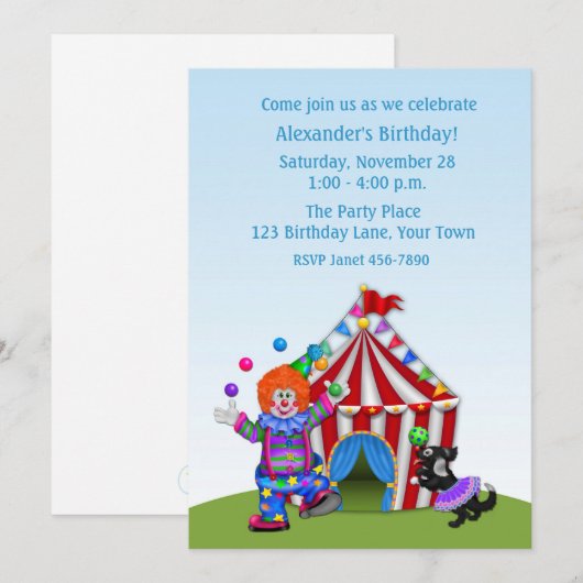 Juggling Clown, Circus Tent, Birthday Party Kaart (Voorkant / Achterkant)