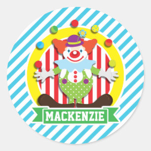 Juggling grote top circus clown; blauwe strepen ronde sticker