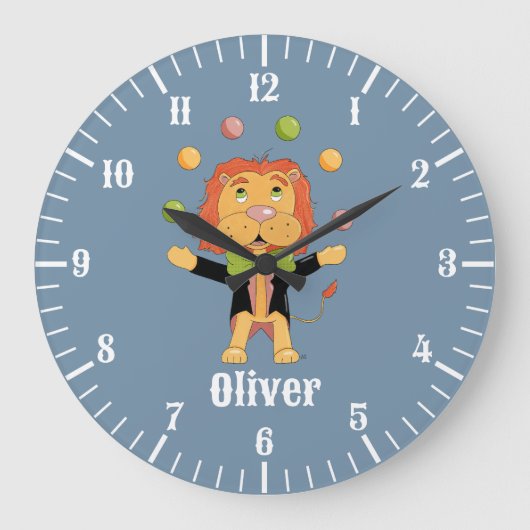 Juggling Lion Kid Blue Wall Clock Grote Klok (Voorkant)