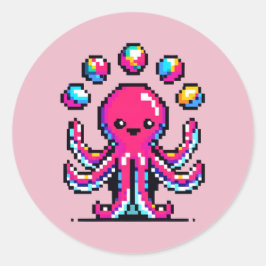 Juggling Octopus - Grappig Pixel Art Circus Design Ronde Sticker