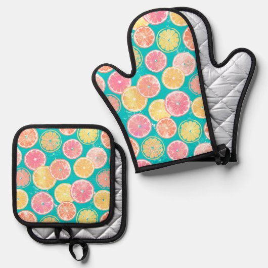 Juicy Grapefruit Slices Pattern Towel Ovenwant & Pannenlap Set (Voorkant / Achterkant)