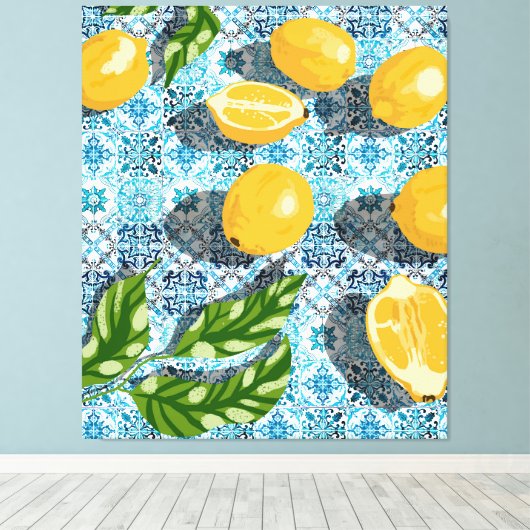 Juicy Lemons over Blue Moroccan Canvas Afdruk (Insitu (Houten vloer))