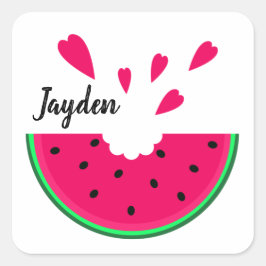 Juicy red watermelon en harten, gepersonaliseerd vierkante sticker