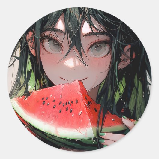 Juicy Summer Watermelon Anime Girl Ronde Sticker (Voorkant)