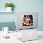 Juicy Summer Watermelon Anime Girl Sticker (Laptop op bureau)