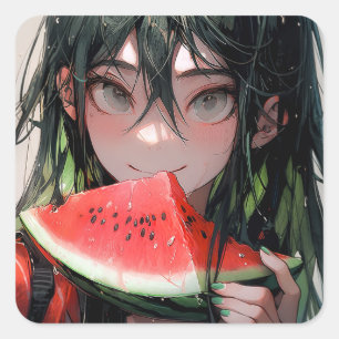 Juicy Summer Watermelon Anime Girl Vierkante Sticker