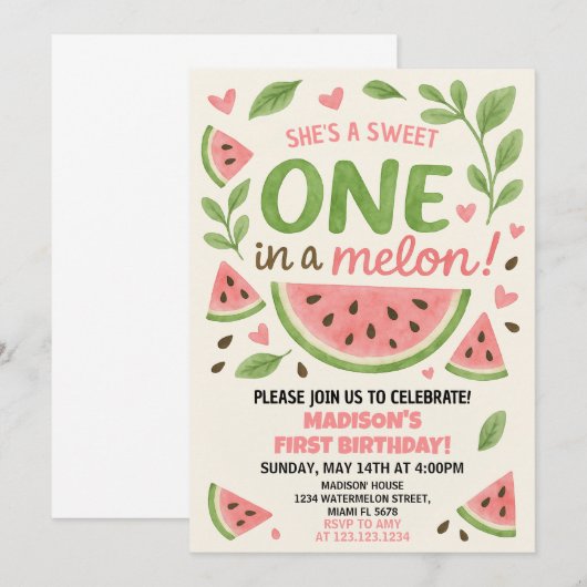 Juicy Watermelon 1st Birthday Invitation Kaart (Voorkant / Achterkant)