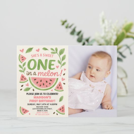 Juicy Watermelon 1st Birthday Invitation Kaart (Staand voorkant)