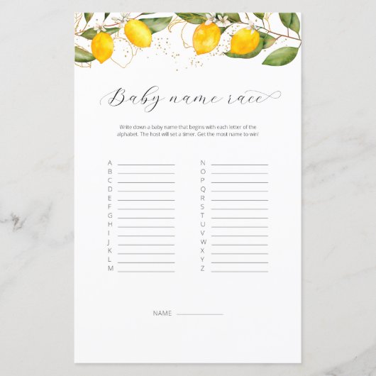 Juicy Yellow Baby Name Race Baby shower Game (Voorkant)