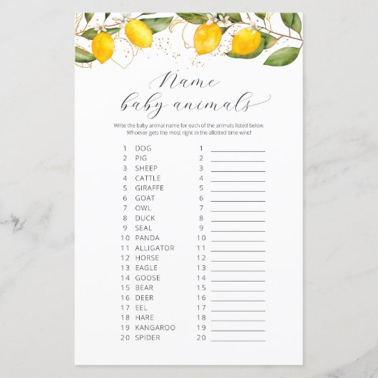 Juicy Yellow Name Baby Animals Baby shower Game (Voorkant)