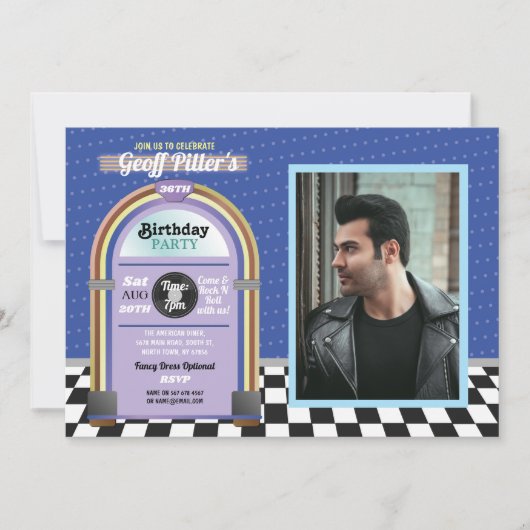 Jukebox Birthday Diner 1950's Blue Music Foto Kaart (Voorkant)