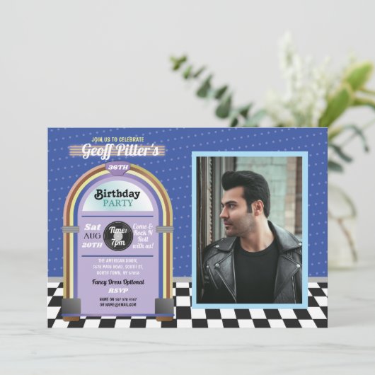 Jukebox Birthday Diner 1950's Blue Music Foto Kaart (Staand voorkant)