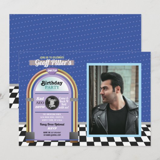 Jukebox Birthday Diner 1950's Blue Music Foto Kaart (Voorkant / Achterkant)