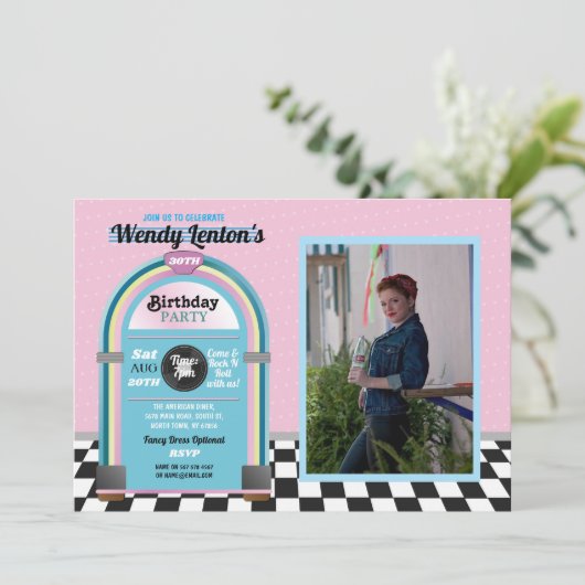 Jukebox Birthday Diner Fifties Retro Music Foto Kaart (Staand voorkant)