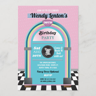 Jukebox Birthday Diner Fifties Retro Music Invite Kaart