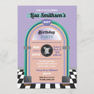 Jukebox Birthday Music Diner Fifties Retro Invite Kaart