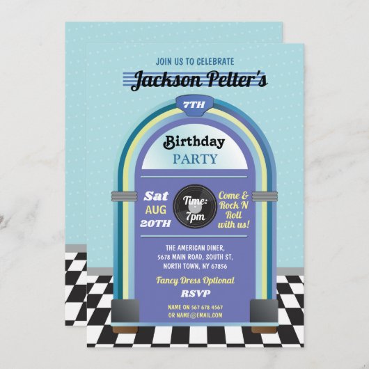 Jukebox Verjaardag Muziek Blue Diner Vijftig Retro Kaart (Voorkant / Achterkant)