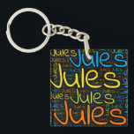 Jules Sleutelhanger<br><div class="desc">Jules. Show and wear this popular beautiful male first name designed as colorful wordcloud made of horizontal and vertical cursive hand lettering typography in different sizes and adorable fresh coBijgevolg. Wear your positieve french name or show the world whom you love or is geweldig. Merch with this soft text artwork...</div>