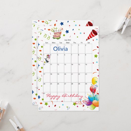 Juli 2022 Kalender Gelukkige Verjaardag Uitnodigin Kaart (Voorkant / Achterkant in situ)