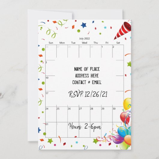 Juli 2022 Kalender Gelukkige Verjaardag Uitnodigin Kaart (Achterkant)