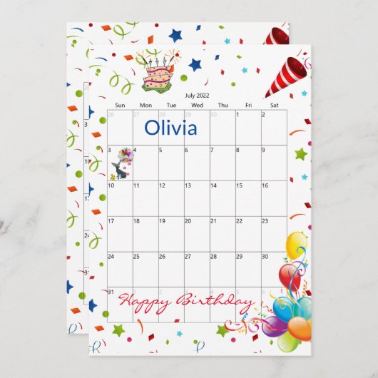 Juli 2022 Kalender Gelukkige Verjaardag Uitnodigin Kaart (Voorkant / Achterkant)