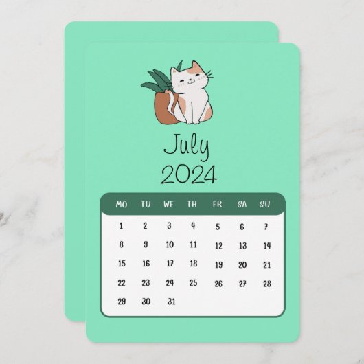 Juli 2024 Stand Alone Kat en Plant Kalender Menu (Voorkant / Achterkant)