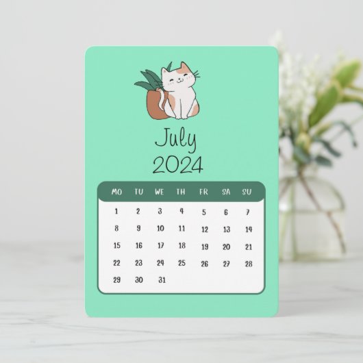 Juli 2024 Stand Alone Kat en Plant Kalender Menu (Staand voorkant)