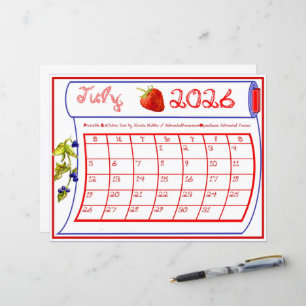 Juli 2026 Kalender Rood Blauw Bes Fabric Lettertyp