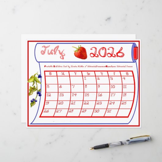 Juli 2026 Kalender Rood Blauw Bes Fabric Lettertyp (Voorkant / Achterkant in situ)