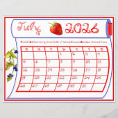 Juli 2026 Kalender Rood Blauw Bes Fabric Lettertyp (Voorkant)