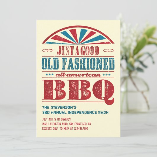 Juli 4 Onafhankelijkheidsdag BBQ Grunge Uitnodigin Kaart (Staand voorkant)